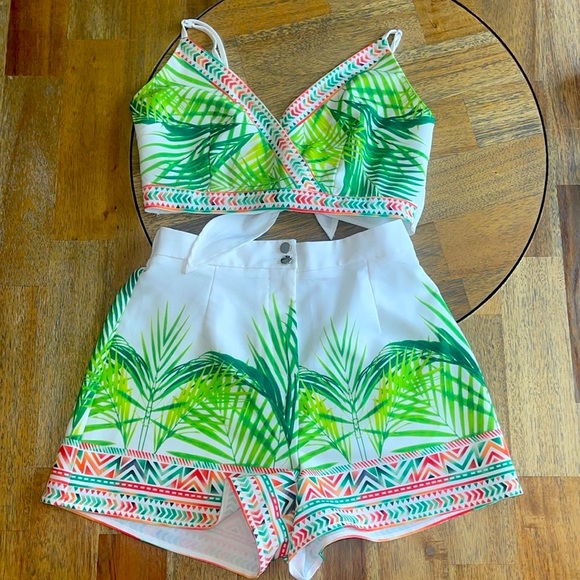 Fashion Nova Tops - Tropical wrap style crop tank with matching button up shorts